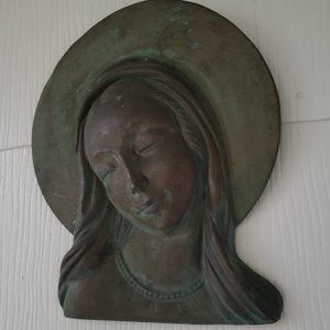 Antique Wall Hanging Mary Madonna Goddess Metal Bronze Brass Patina